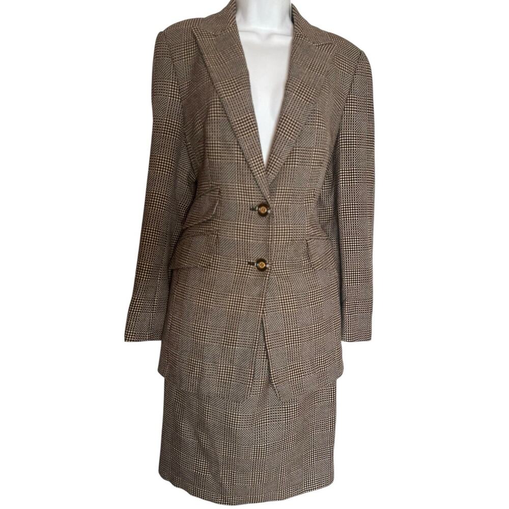 Vintage Escada Wool Houndstooth Plaid Pencil Skirt Suit Old Money Career 42